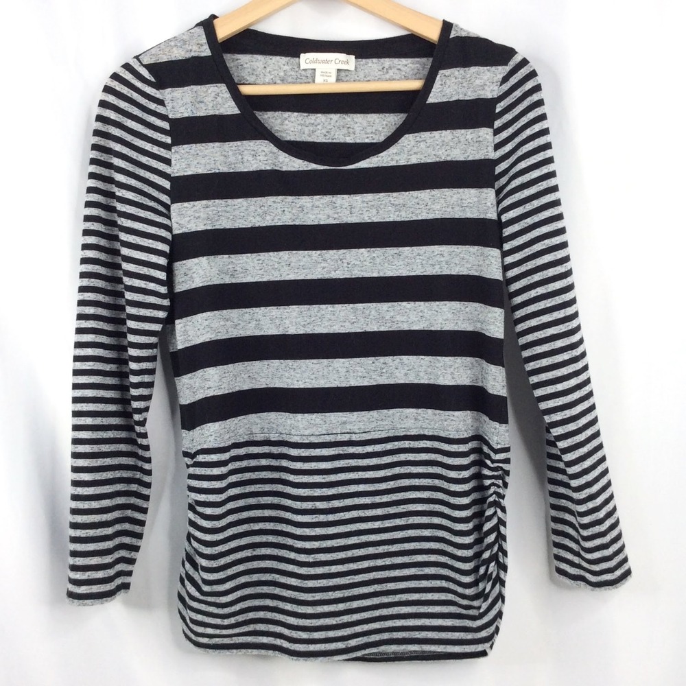 Coldwater Creek Striped Ruched Side Top Women's Size XS 4/6 Black Gray Flax